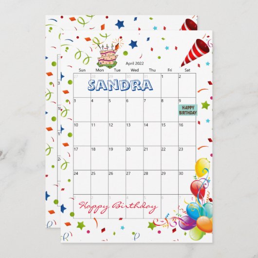 2022年4月カレンダーハッピーバースデー招待状 招待状 (正面/裏面)