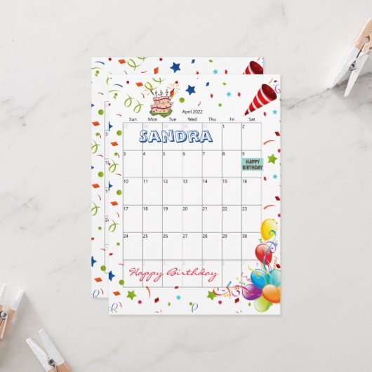 2022年4月 カレンダー 誕生日パーティー ご招待 招待状 (正面/裏面インサイチュ)