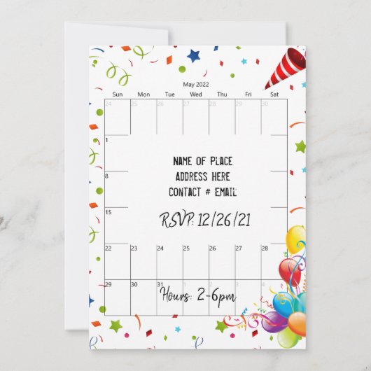 2022年5月カレンダーハッピーバースデー招待状 招待状 (裏面)