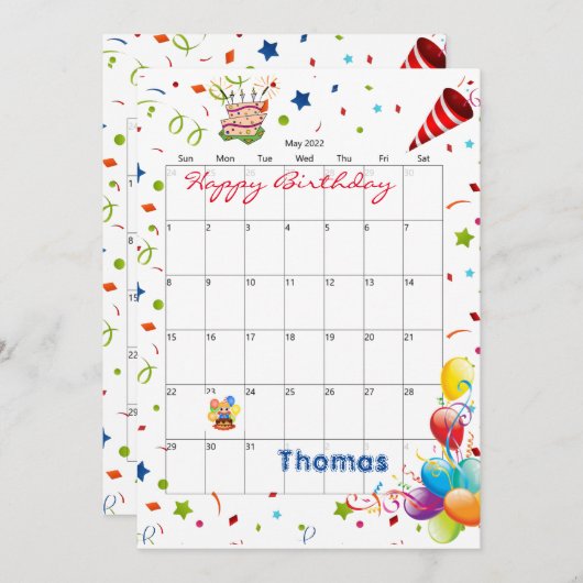 2022年5月カレンダーハッピーバースデー招待状 招待状 (正面/裏面)