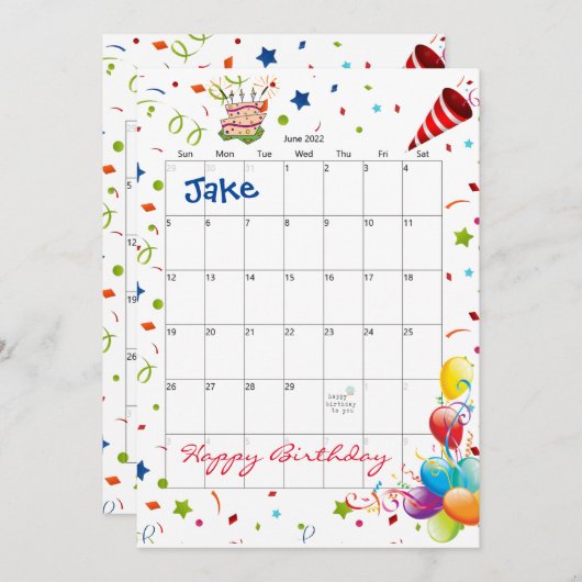 2022年6月カレンダーハッピーバースデー招待状 招待状 (正面/裏面)