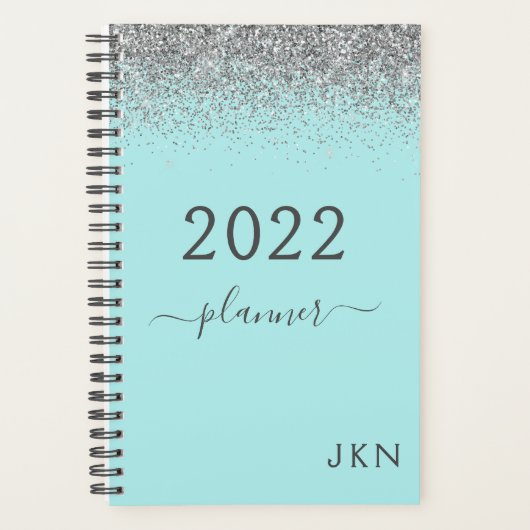 2022銀ティール(緑がかった色)アクアブルーガーリーグリッターモノグラム プランナー手帳 (正面)