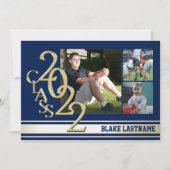 2022 ゴールド ヴァーシティ ストライプ 卒業 トリプル フォト ブルー 招待状 (正面)