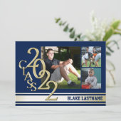 2022 ゴールド ヴァーシティ ストライプ 卒業 トリプル フォト ブルー 招待状 (スタンド正面)