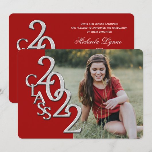 2022 シルバーとレッドの卒業式写真付き 招待状 (正面/裏面)