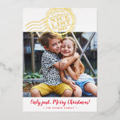 2023おもしろいクリスマス写真かわいい子供素敵なリストスタンプ 箔シーズンカード (正面)