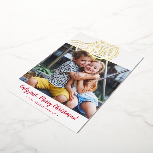 2023おもしろいクリスマス写真かわいい子供素敵なリストスタンプ 箔シーズンカード (回転した状態)