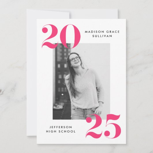 2023はっきりしたピンクレタリング写真卒業パーティー 招待状 (正面)