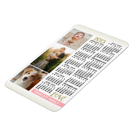 2023カレンダー赤面ピンク金ゴールドファミリーフォトコラージュ マグネット (左側)