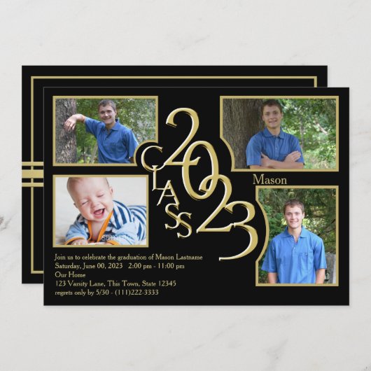 2023クアッドフォトブラックの卒業クラス 招待状 (正面/裏面)