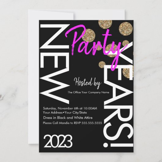2023ネオン新年パーティーピンクホワイトタイポグラフィ 招待状 (正面)