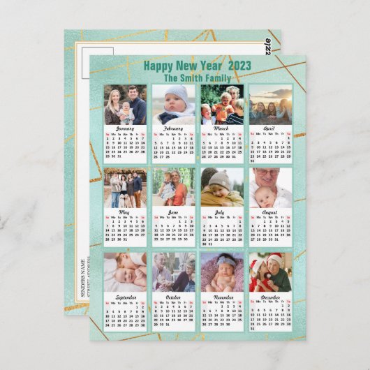 2023ミントグリーンモダンファミリー12フォトカレンダー ポストカード (正面/裏面)