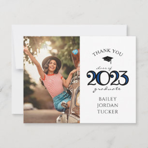 2023モダンネイビーブルー深いブルー写真卒業 サンキューカード