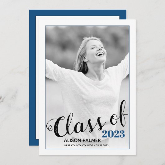 2023モダン年のスクリプトクラシックの青い写真のクラス 招待状 (正面/裏面)