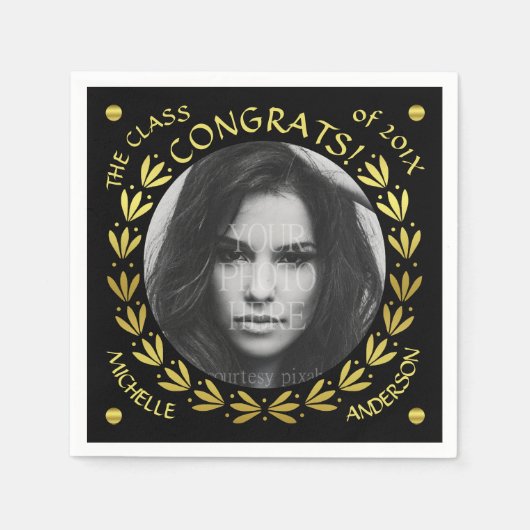 2023卒業パーティー金ゴールドブラックローレルリース スタンダードカクテルナプキン (正面)