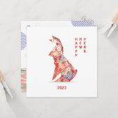 2023年のウサギの年 紅ウサギ折り紙 カード (正面/裏面インサイチュ)
