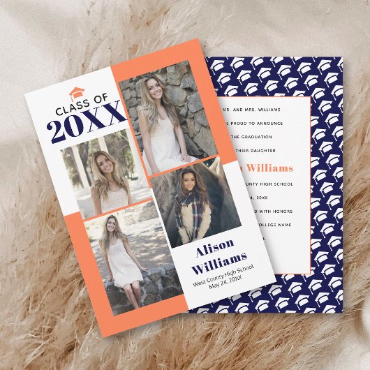 2023年のクラス4枚の写真コーラルネイビー卒業 案内状