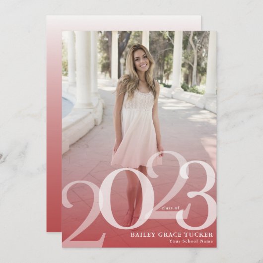 2023年はっきりしたオーバーレイ赤卒業 案内状 (正面/裏面)