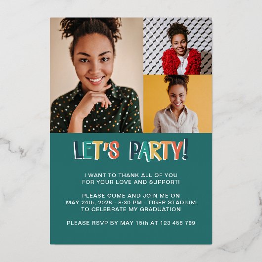 2023年はっきりした卒業パーティー4写真金ゴールド 箔招待状 (裏面)