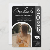 2023年アーチ型ブラック卒業写真 招待状 (正面)