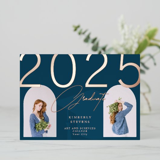 2023年エレガント卒業ミニマルカスタムリスト2枚 箔招待状 (立ち正面)