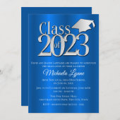 2023年クラスのブルーとシルバーの卒業式キャップ 招待状 (正面/裏面)