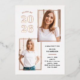 2023年クラスの写真白とバラ金ゴールドグラードパーティー 箔招待状