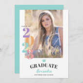 2023年クラス写真パステルティール(緑がかった色)卒業パーティー 招待状 (正面/裏面)