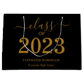 2023年クラス金ゴールドスクリプトの黒卒業 ラージペーパーバッグ (正面)