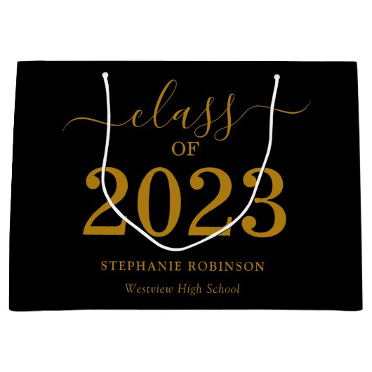 2023年クラス金ゴールドスクリプトの黒卒業 ラージペーパーバッグ (正面)