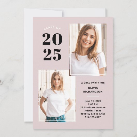 2023年クラス |三つのフォト赤面ピンクグラードパーティー 招待状 (正面)
