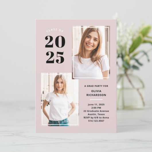2023年クラス |三つのフォト赤面ピンクグラードパーティー 招待状 (スタンド正面)