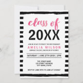 2023年ストライプ卒業パーティーのブラックのピンククラス 招待状 (正面)