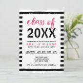 2023年ストライプ卒業パーティーのブラックのピンククラス 招待状 (スタンド正面)