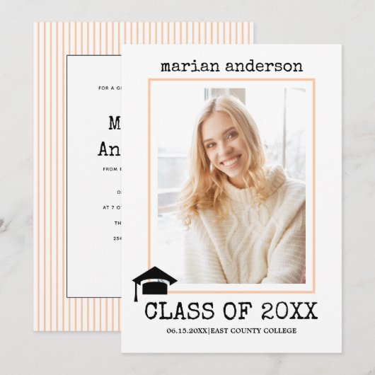 2023年タイプライターピーチ卒業写真のクラス 招待状 (正面/裏面)