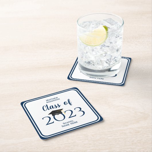 2023年ネイビーエレガントブルー卒業パーティーのクラス スクエアペーパーコースター (インサイチュ)
