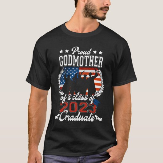 2023年卒業おめでとう 米国の国旗を持つ自慢の継母・後見人 Tシャツ (正面)