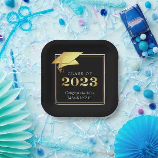 2023年卒業クラス黒金ゴールド パーソナライズされた ペーパープレート (パーティー)