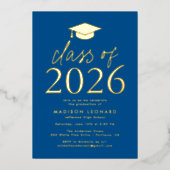 2023年卒業パーティーのブルーとゴールドフォイルのクラス 箔招待状 (正面)