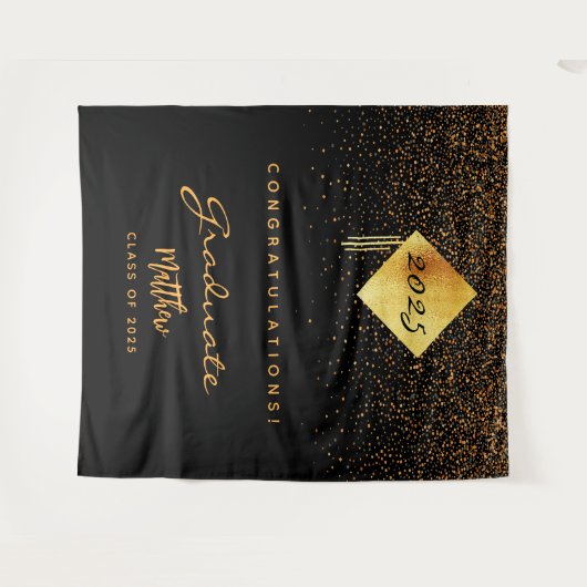 2023年卒業パーティー　黒と金の卒業おめでとう タペストリー (正面(横))
