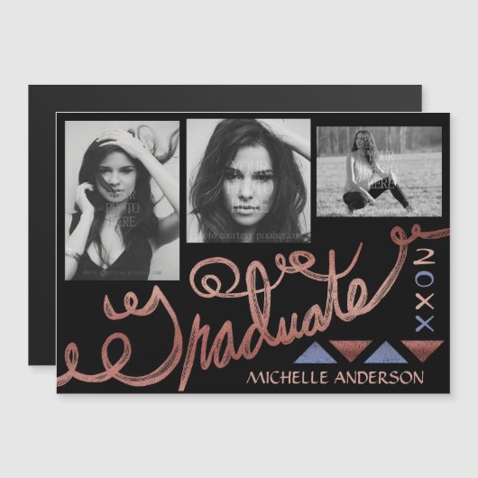 2023年卒業フェイクバラ金ゴールド文字写真コラージュ マグネット招待状 (正面/裏面)
