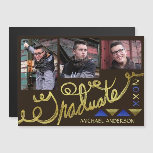 2023年卒業フェイク金ゴールドタイポグラフィ写真コラージュ マグネット招待状 (正面/裏面)