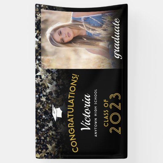 2023年卒業ブラックと金ゴールド写真 横断幕 (縦)