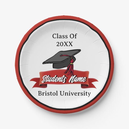 2023年卒業マルーンパーソナライズされたブラックのクラス ペーパープレート (正面)