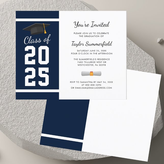 2023年卒業式 ネイビーブルー シンプルな卒業パーティー招待状 (Graduation 2025 Navy Blue Grad Party Invitation)