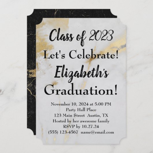 2023年卒業金ゴールドグレー大理石と黒文字 招待状 (正面/裏面)