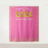 2023年度卒業式 ゴールド風船 ピンク フォトブース背景 タペストリー (正面)