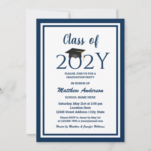 2023年度卒業生のためのエレガントなネイビーブルーの卒業パーティー 招待状 (正面)