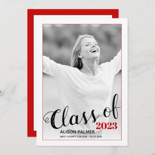 2023年度 現代の卒業写真 赤い枠のスクリプト 招待状 (正面/裏面)