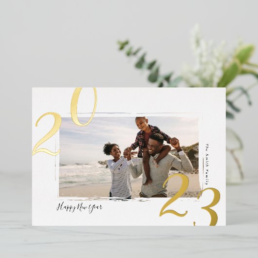 2023年新年フォトと輝くゴールド 箔シーズンカード (立ち正面)